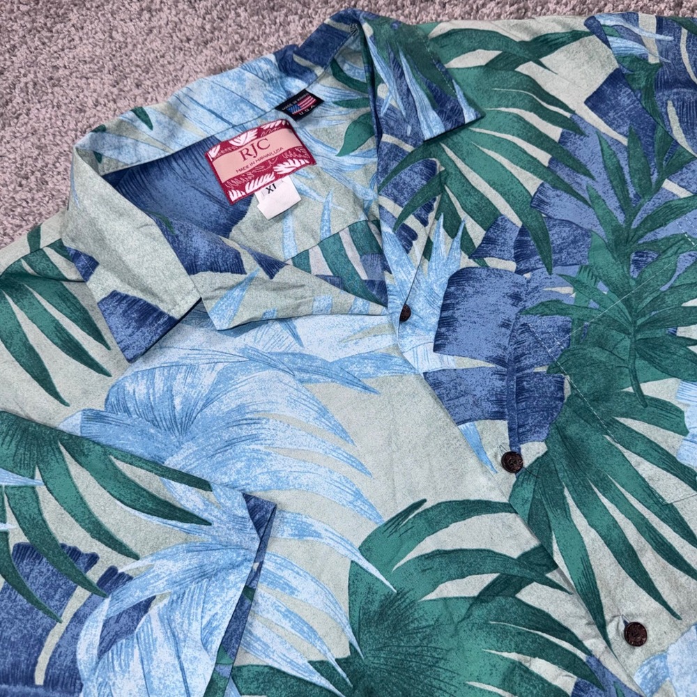 RJC Hawaiian Shirt Mens Tropical Palm Leaf Print Blue Green XL EXCELLENT